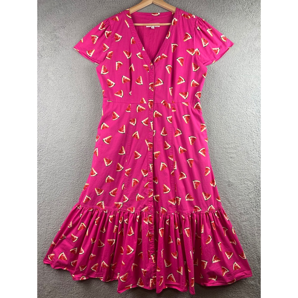 Color Me Courtney Pink Watermelon Print Button Front Midi Dress Pockets Size 12